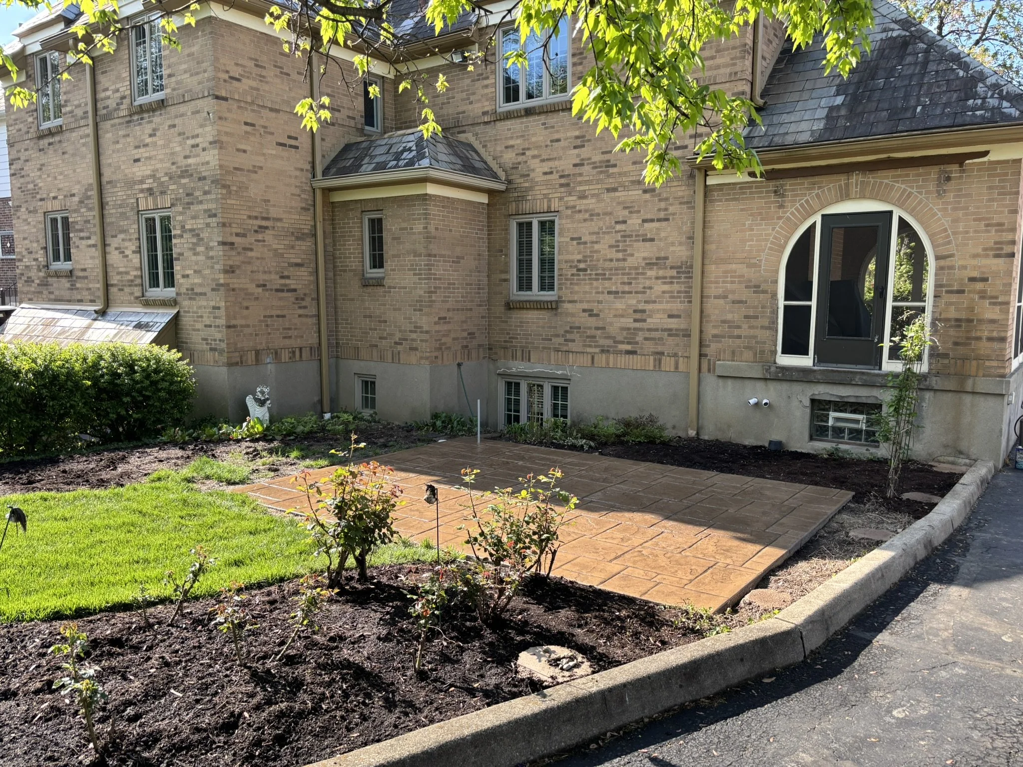 Backyard garden with freshly planted roses, a small statue, a tiled walkway, a brick house with multiple windows, and a tree with green leaves overhead
