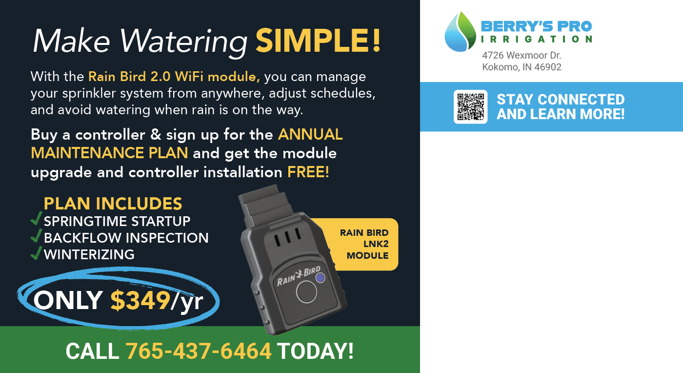 Advertisement for Berry's Pro Irrigation promoting the Rain Bird 2.0 WiFi module for sprinkler system management. Features a water droplet logo, QR code, contact number, and product image, with key benefits and prices highlighted.