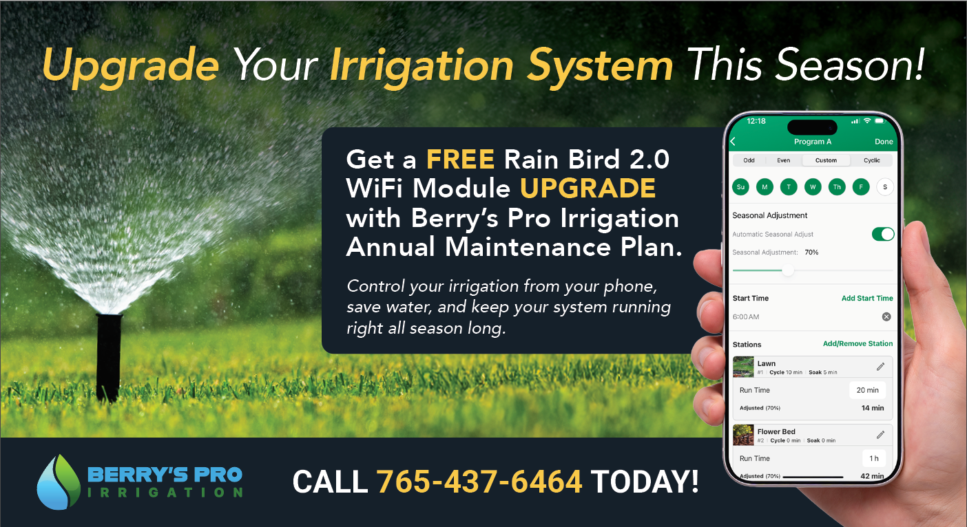 An advertisement for Berry's Pro Irrigation promoting a free Rain Bird 2.0 WiFi irrigation module upgrade with a mobile app interface shown on a smartphone.