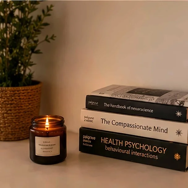A lit candle in a dark brown jar placed beside a stack of three books on a white surface. The books are titled 'The hint book of neuroscience,' 'The Compassionate Mind,' and 'Health Psychology behavioral interactions.' There is a potted plant with green leaves in a woven basket to the left of the books.