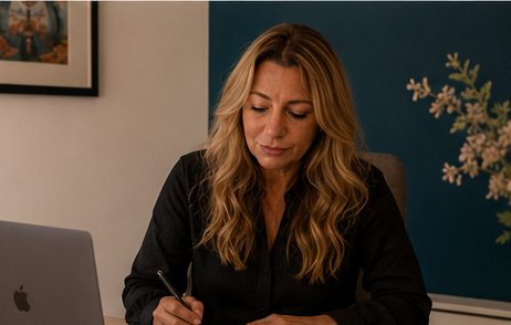 Kate Kerwin writing at a desk with a laptop.