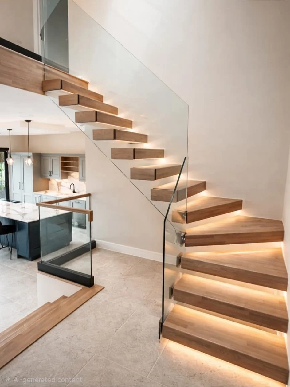 Wooden staircase with LED lighting along the treads, glass railing, in a modern house interior.