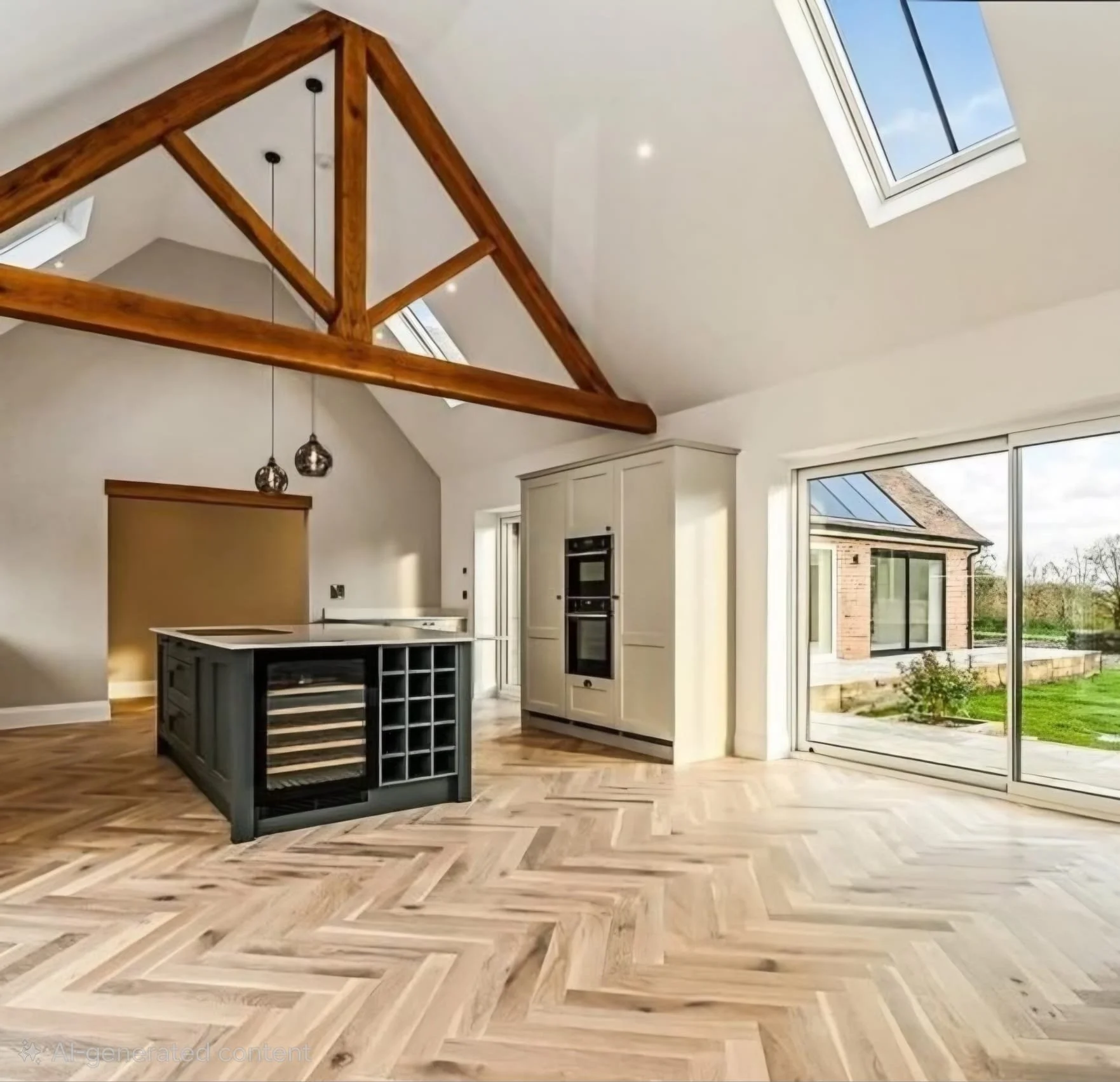 Interior view of a modern kitchen with a high vaulted ceiling featuring exposed wooden beams and skylights, large windows, a kitchen island with wine fridge, and parquet wood flooring.
