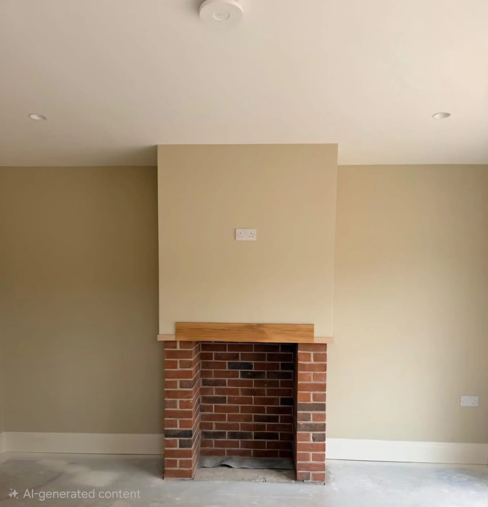 Interior view of a brick fireplace with a wooden mantel, set against a beige wall in a room with a dark floor.
