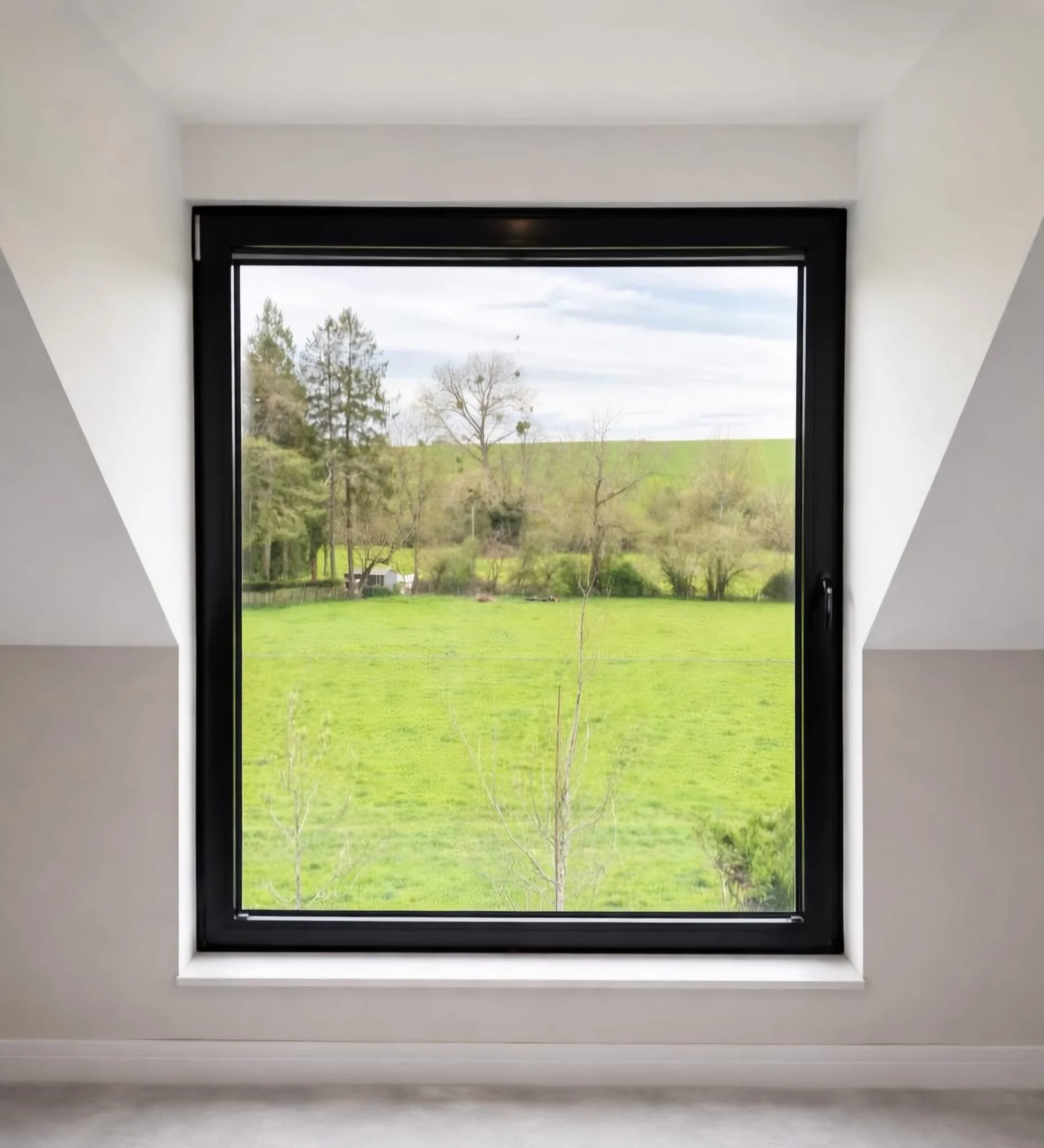 View through a rectangular window showing a green field with trees and a cloudy sky.