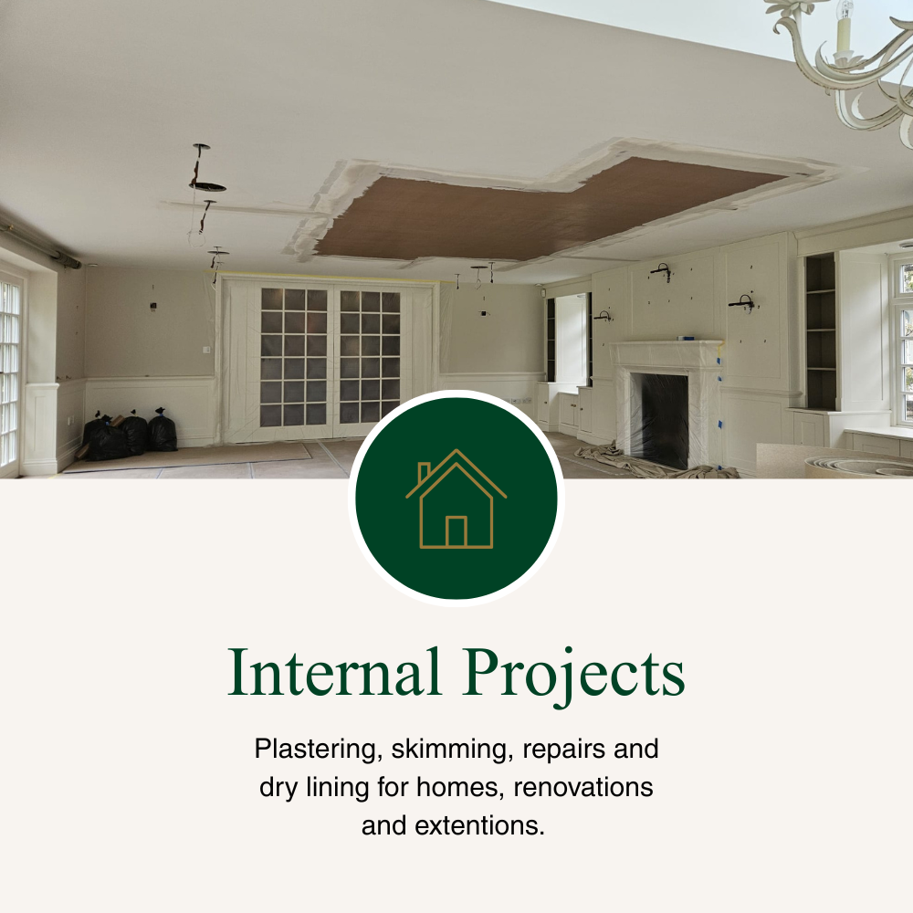 Living room undergoing interior renovation with drywall repairs, skimming, and pending paint.