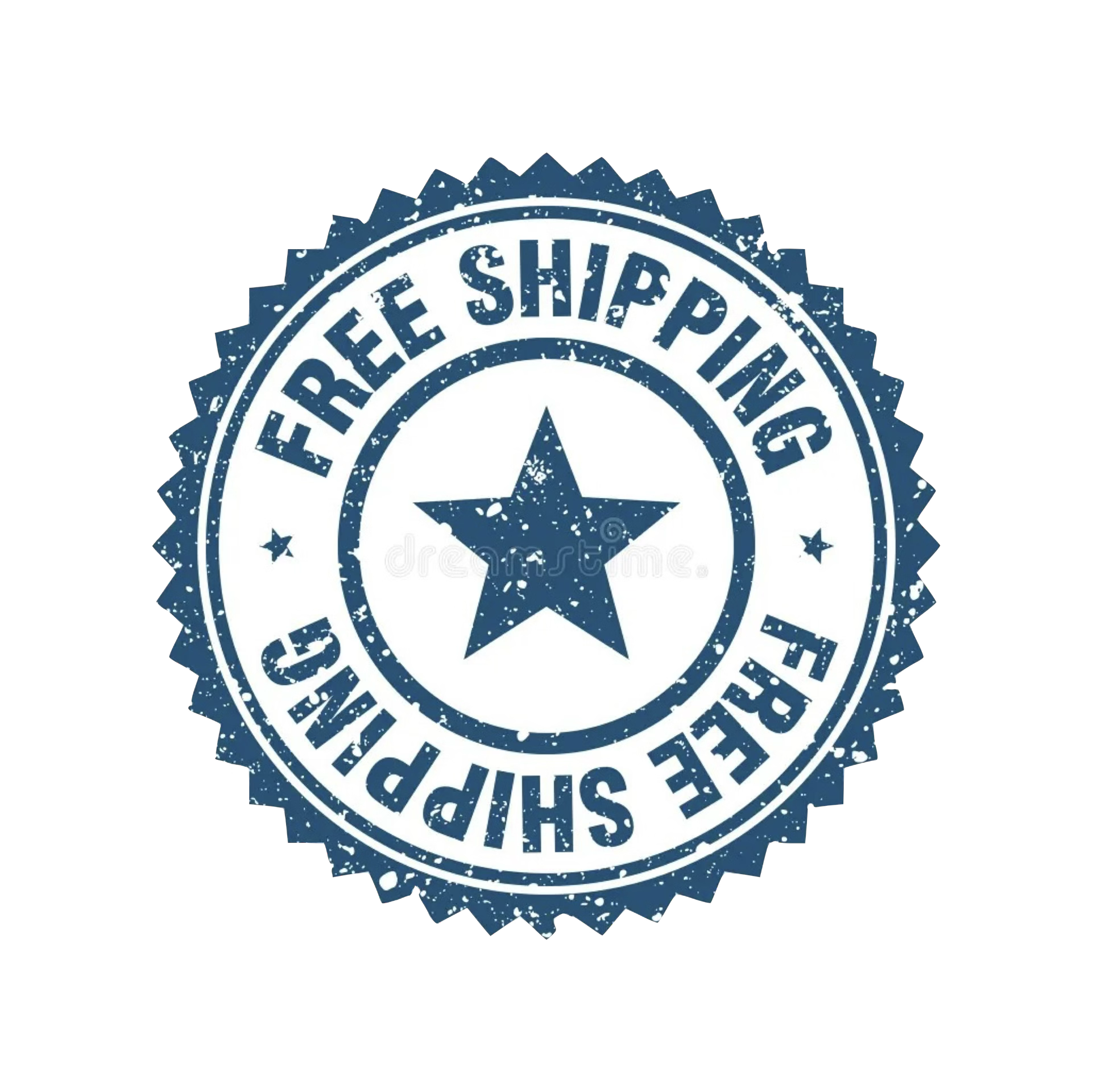 Blue circular badge with a distressed texture features white text reading "FREE SHIPPING," with a star in the centre and small stars around the border.