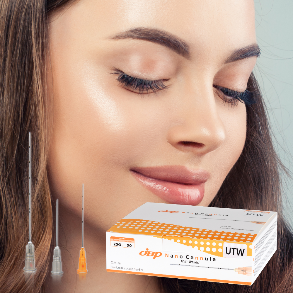 A woman with closed eyes and light makeup holding a box of disposable needles in front of her face.