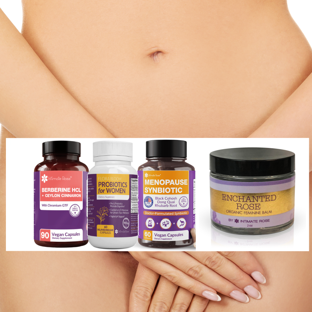 Close-up of a woman's lower abdomen with a strip of four herbal supplement bottles and a jar of balm held over her stomach and crossed hands.