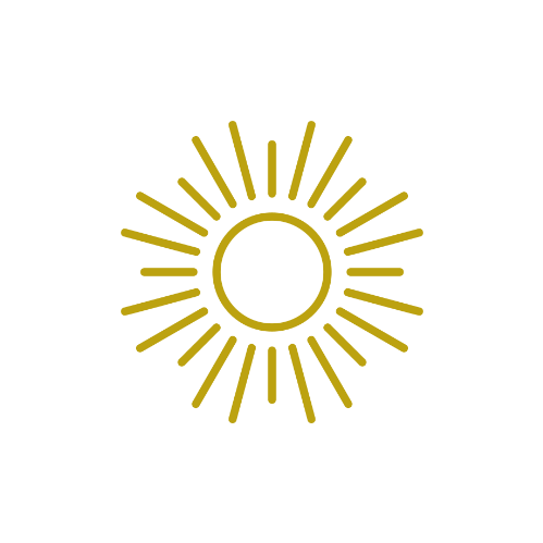Gold sun icon with a circle in the center and radiating lines on a black background.