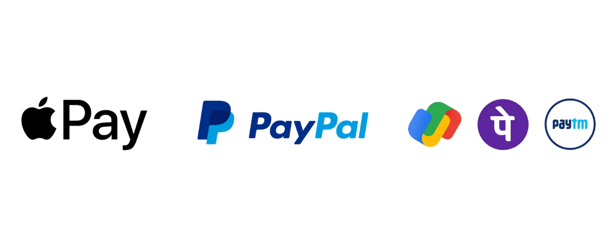 Digital payment logos including PayPal, Google Pay, PhonePe, and others.