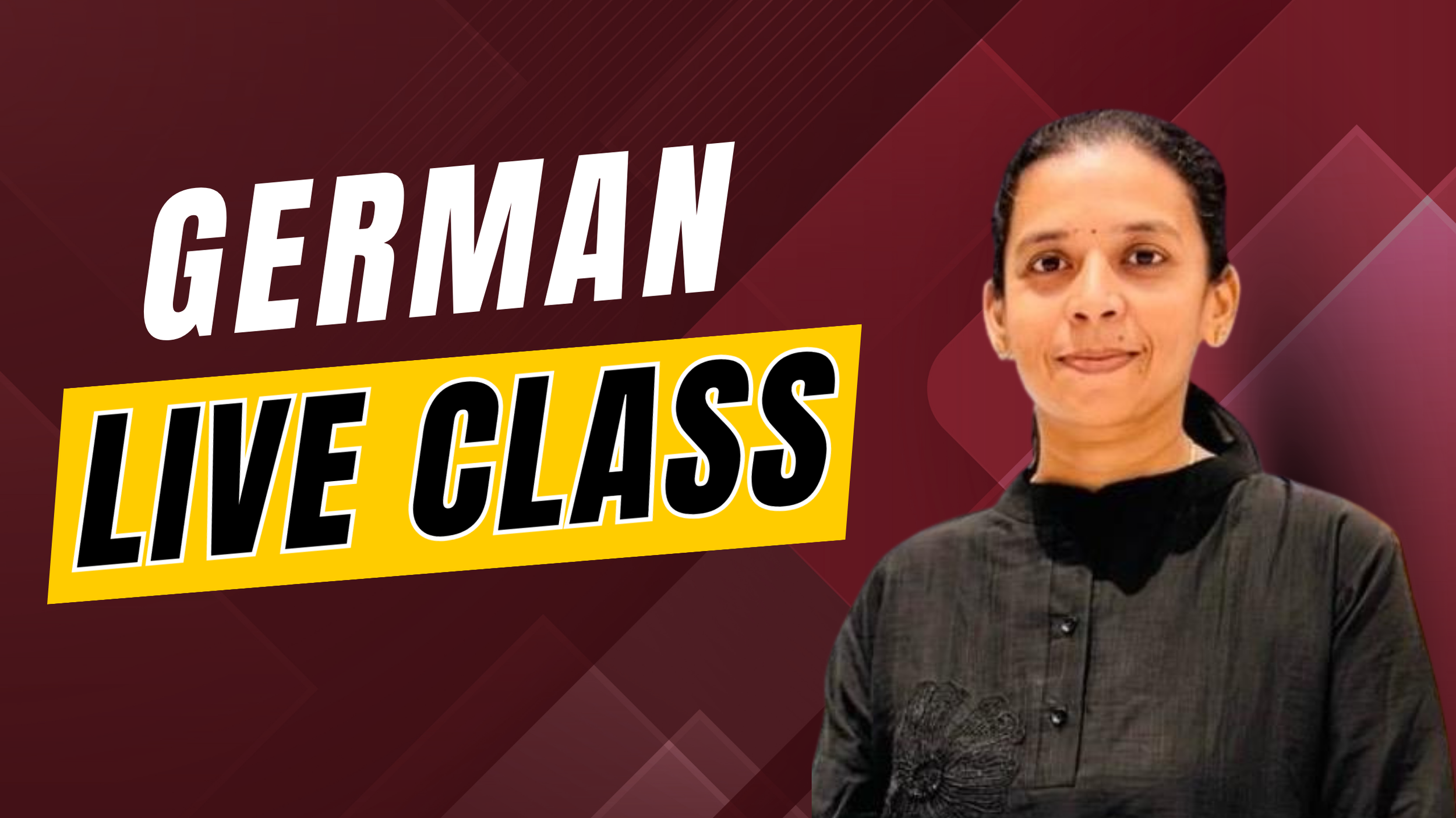 A woman with dark hair tied back, wearing a black academic gown, standing against a maroon background with geometric patterns and a label indicating 'Germant Life Class'.