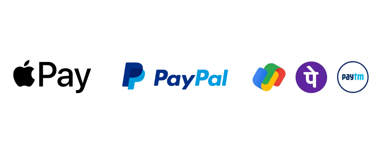 Digital icons representing online payment platforms, including PayPal, Google Pay, PhonePe, and other UPI-based services.
