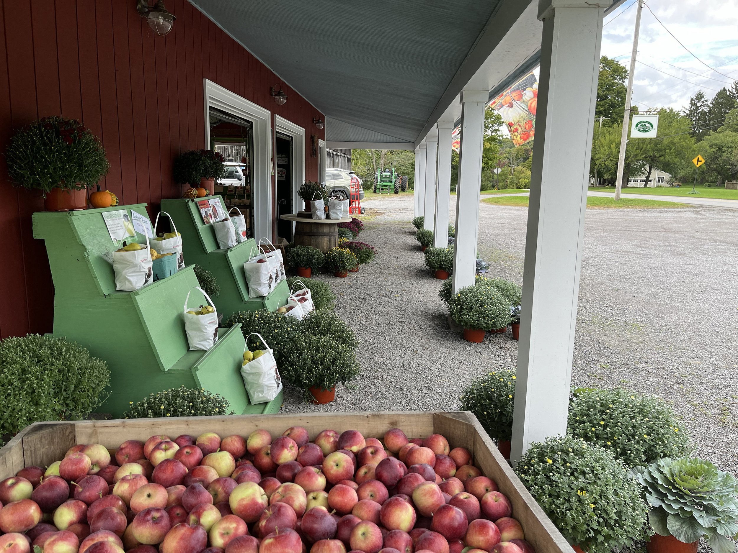 A wooden crate filled with freshly picked red and yellow apples outdoors on a farm or orchard. Behind the crate, there are potted plants, small pumpkins, and a small round table with bags on it. The scene features a red wooden building with a green r