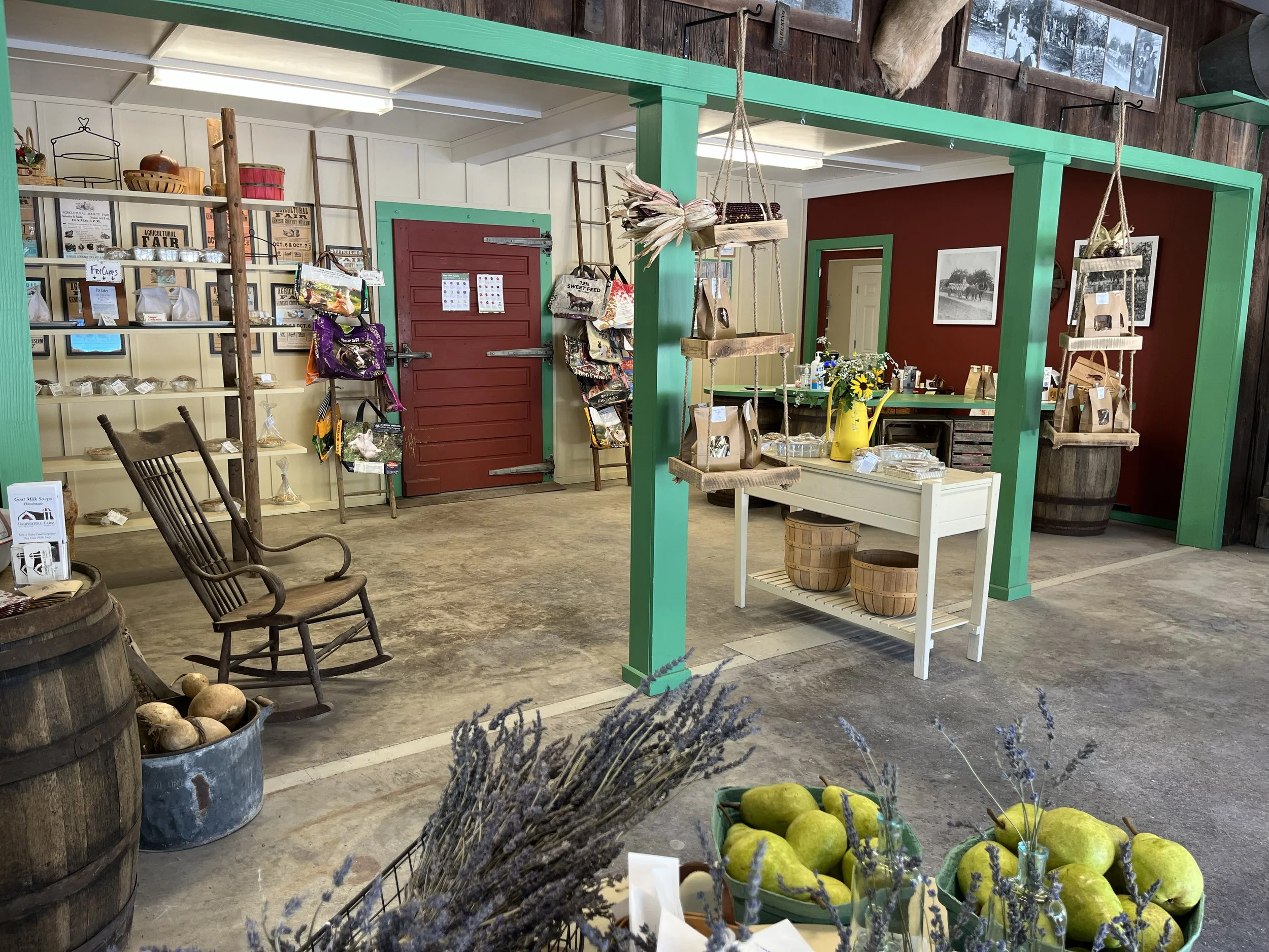 Interior of a rustic store with wooden walls and red door, displaying shelves with produce and decorative items, including barrels, baskets, and framed black-and-white photos.