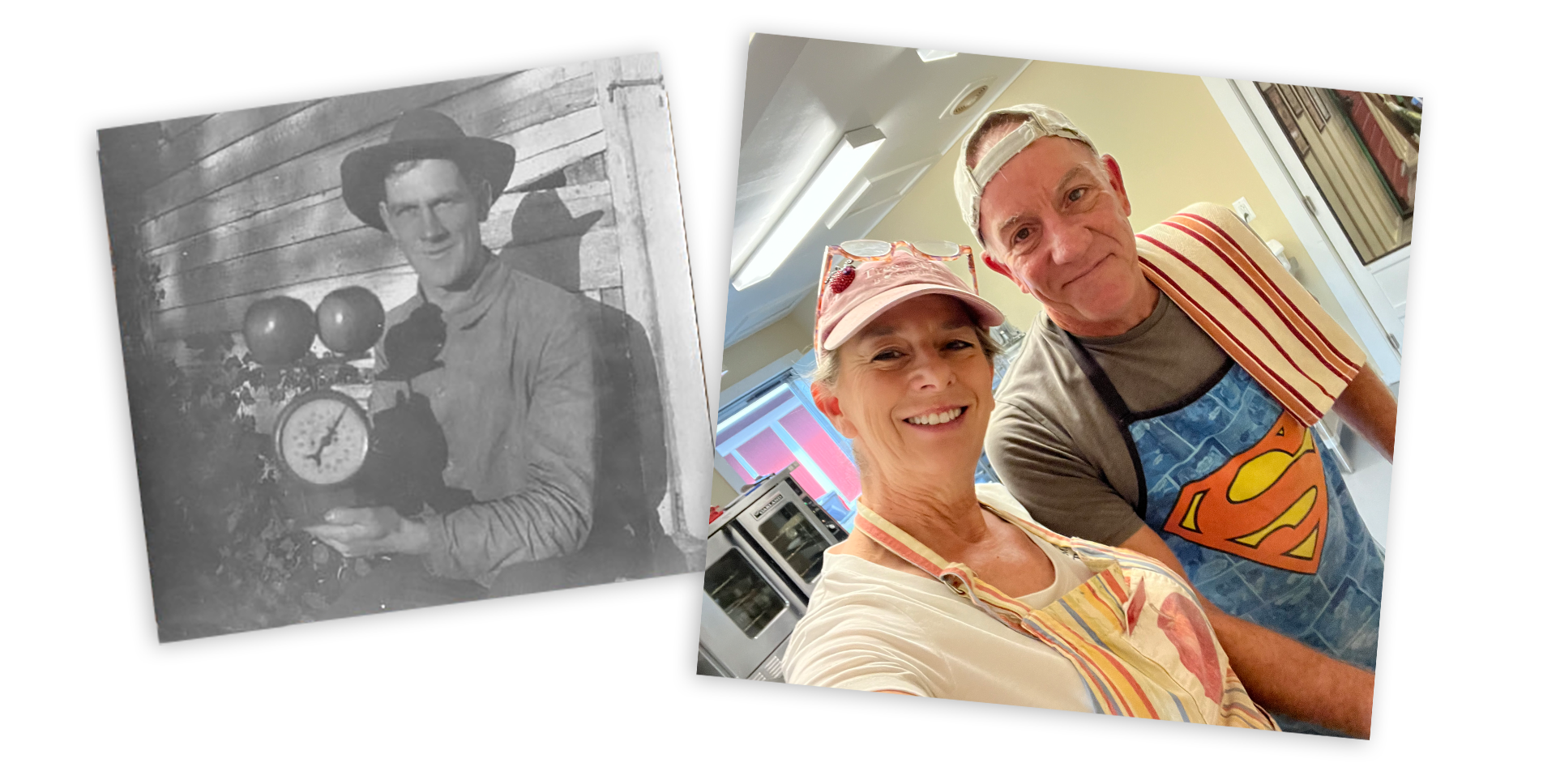 A vintage photo of a young man wearing a cowboy hat, black and white photo. A couple smiling, wearing aprons, in a bakery kitchen, color photo.