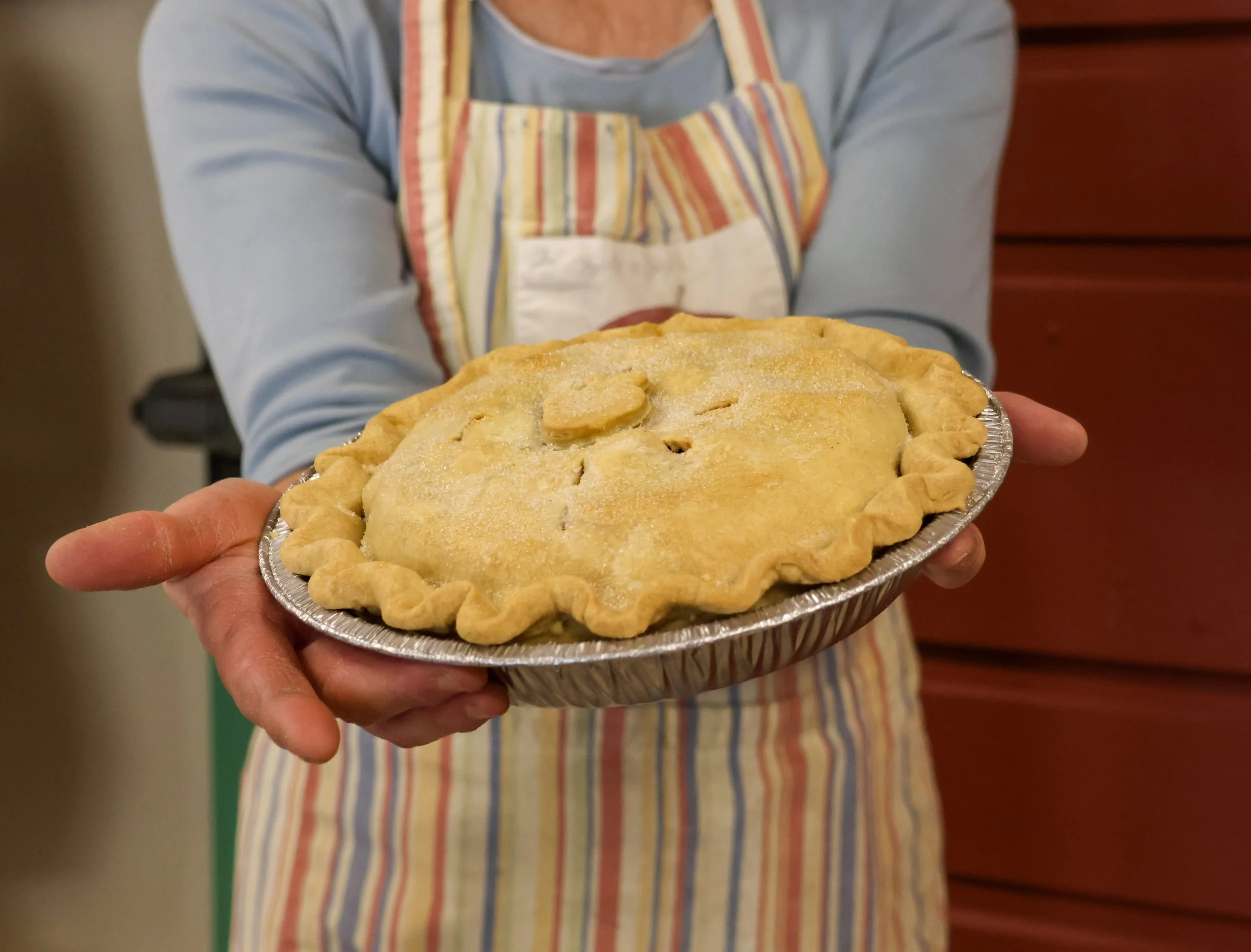 Person wearing a striped apron holding a pie in a metal tray.
