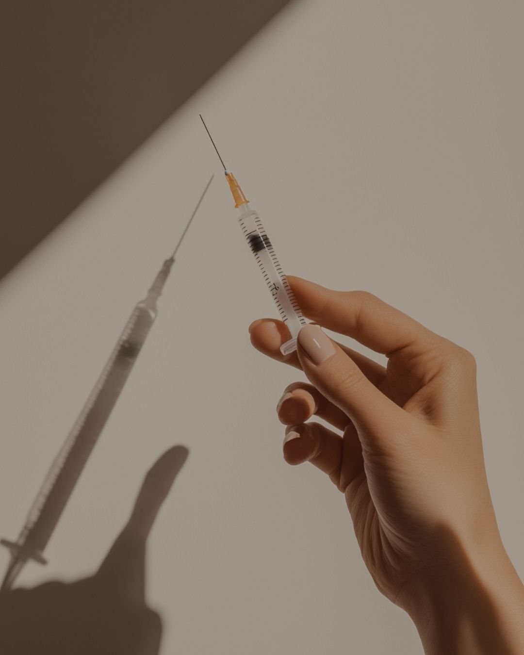 A person's hand holding a syringe with a needle, casting a shadow on the wall.