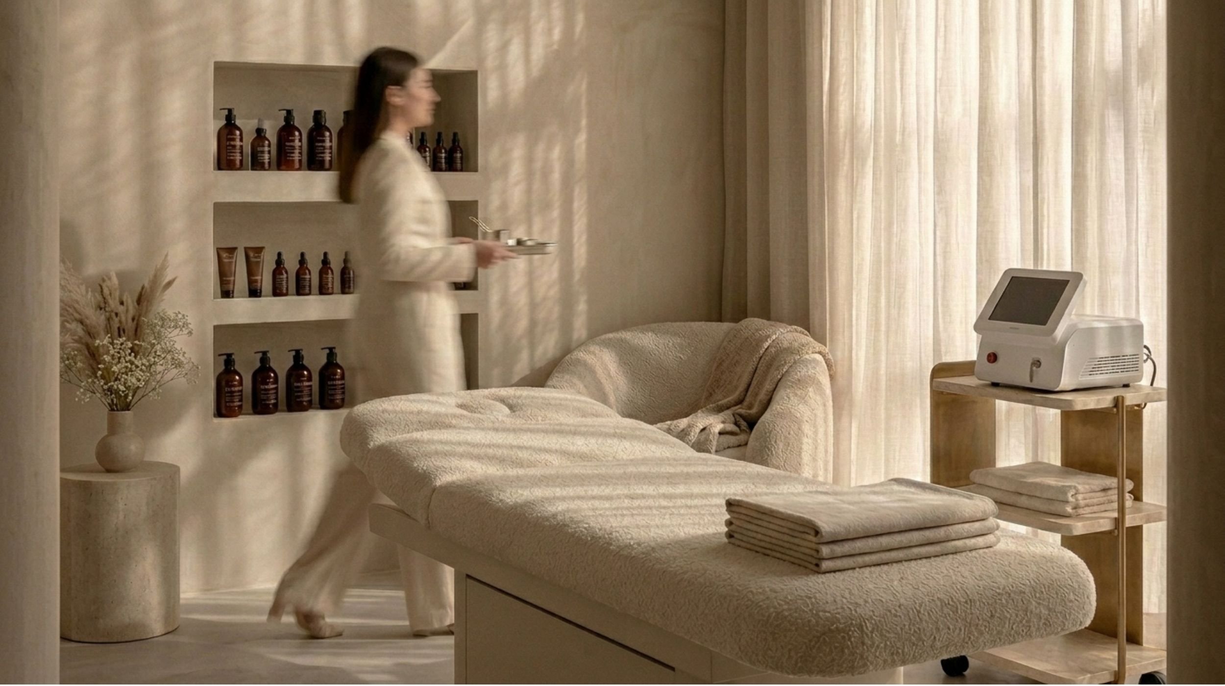 Luxury treatment room at a professional skincare clinic with a calming, minimalist interior.