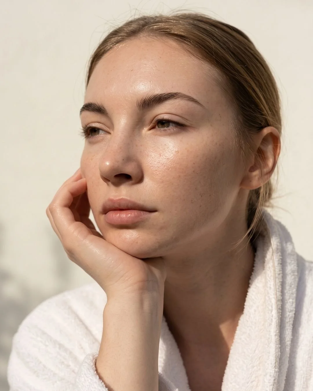 Close-up of healthy, radiant skin with a smooth, luminous complexion.