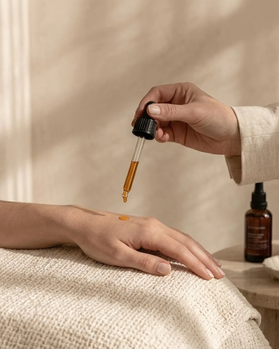 Close-up of a person applying a hydrating facial serum to their hand as part of a daily skincare routine.