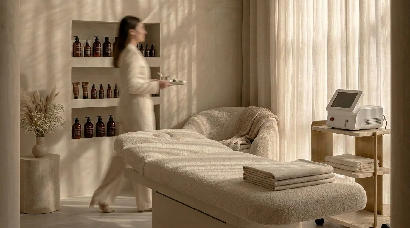 A woman in a white spa robe walks through a serene, beige-colored spa or therapy room carrying a tray. The room features a massage or treatment table with folded towels, a plush sofa, and shelves with bottles of skincare or massage products. There's a small table with a machine, possibly for LED therapy or another treatment, and a vase with dried flowers. The room is softly lit with natural light filtering through curtains.