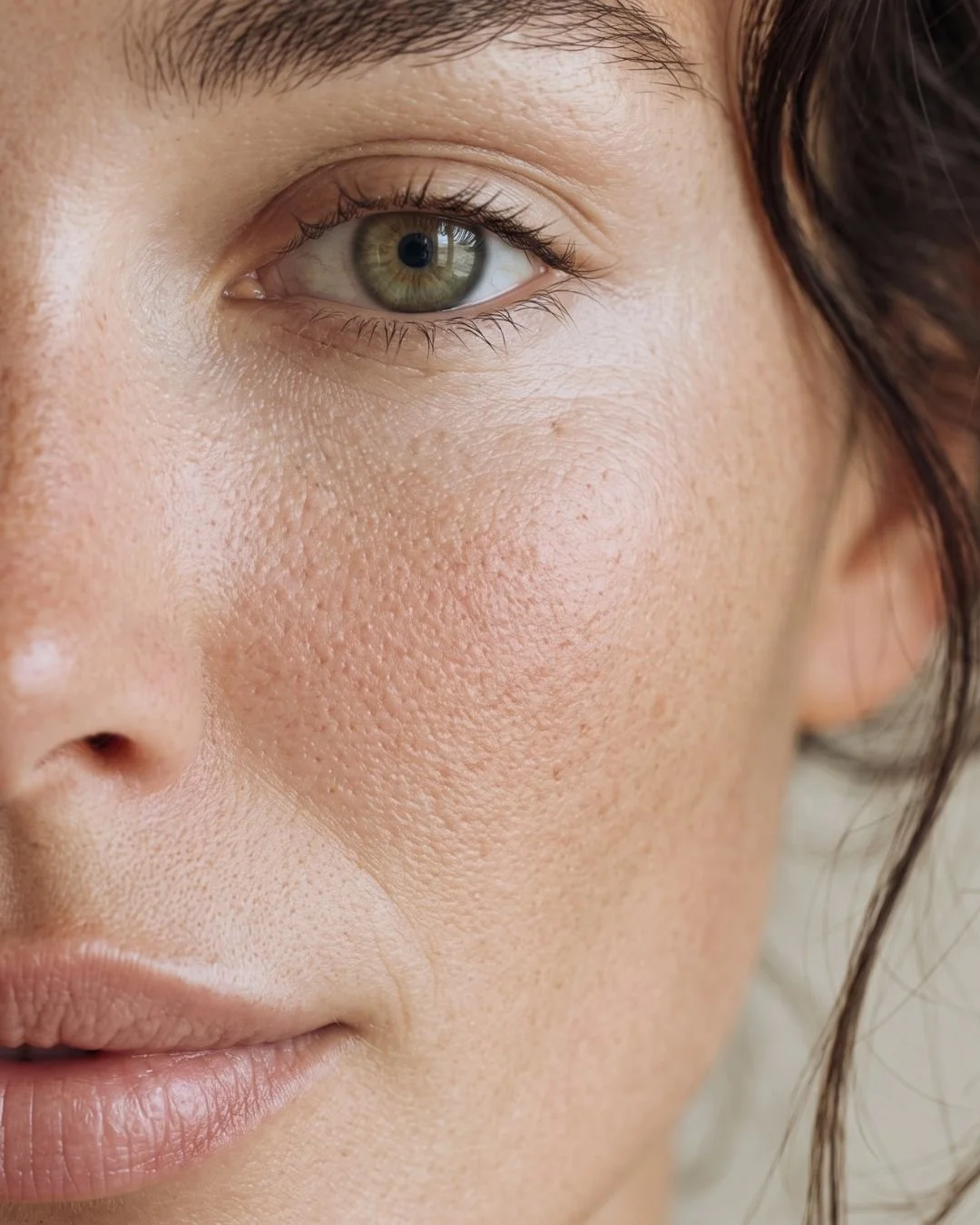 Close-up of a woman's face showing her eye, skin texture, and lips.