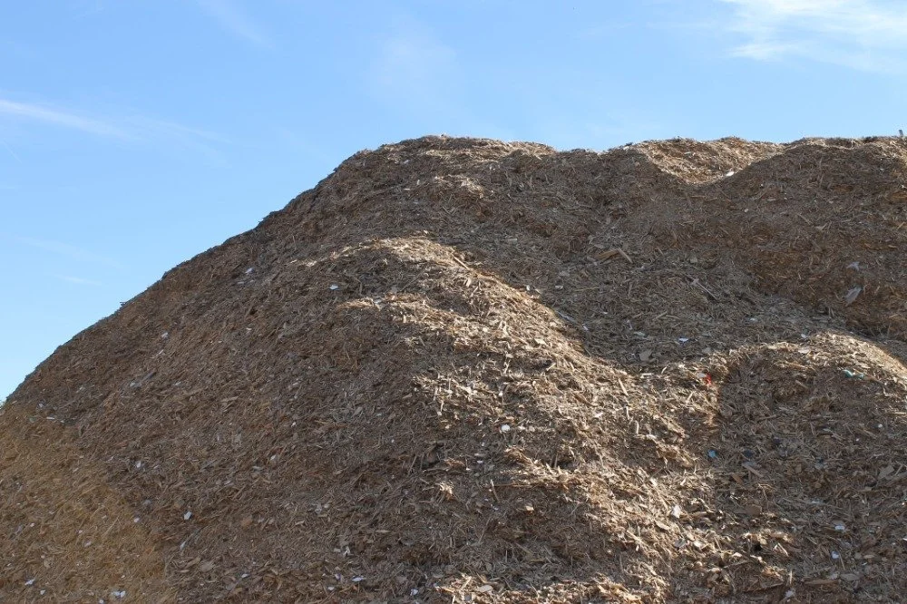 A large pile of wood chips or mulch outdoors under a clear blue sky.