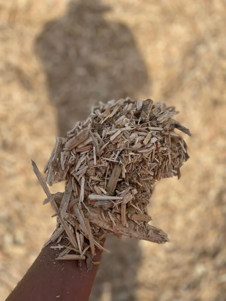 Close-up of a hand holding a head-shaped sculpture made of shredded wood against a background of wood shavings.