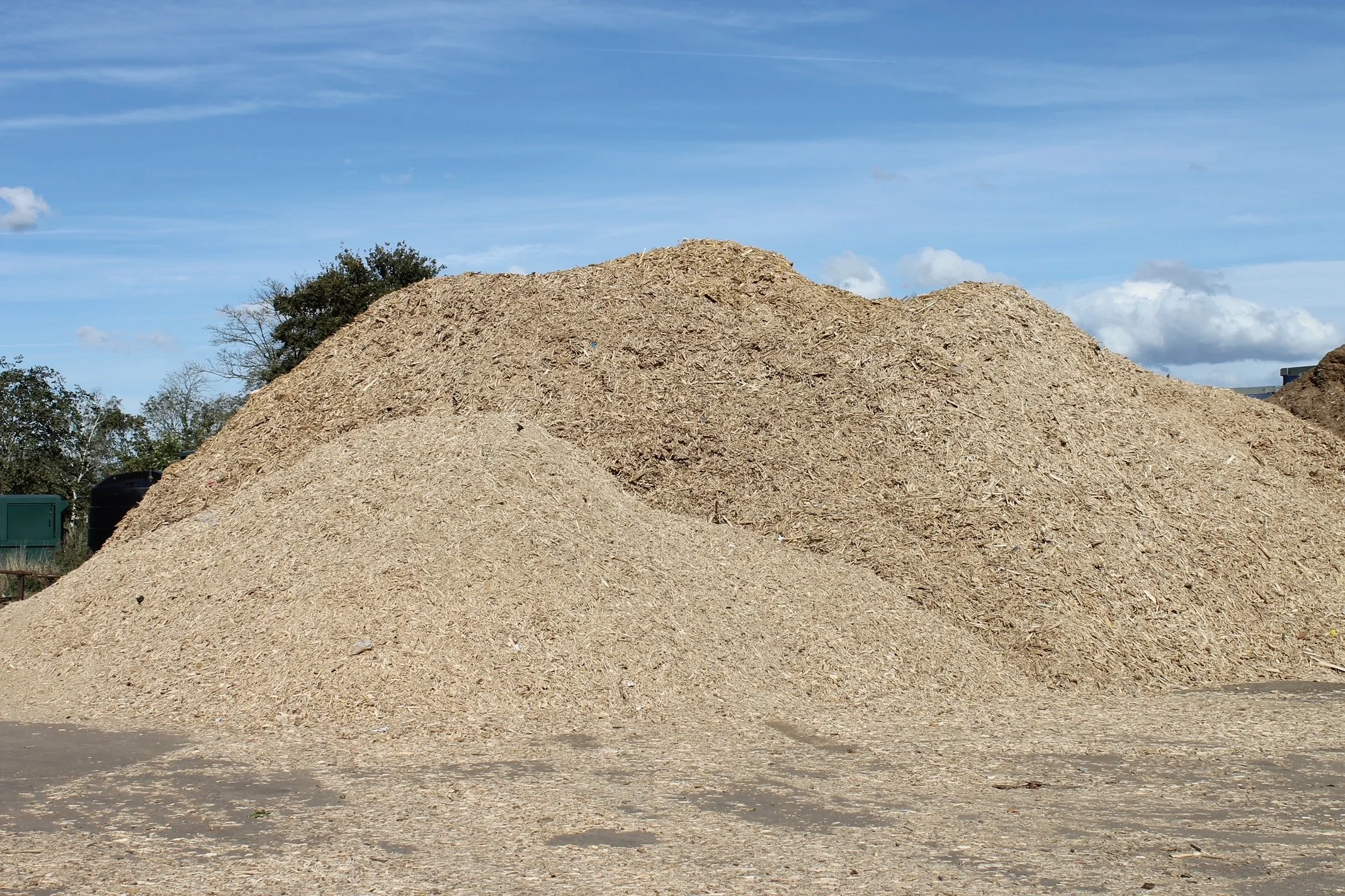 Large pile of wood chips outdoors under a partly cloudy sky with trees in the background.