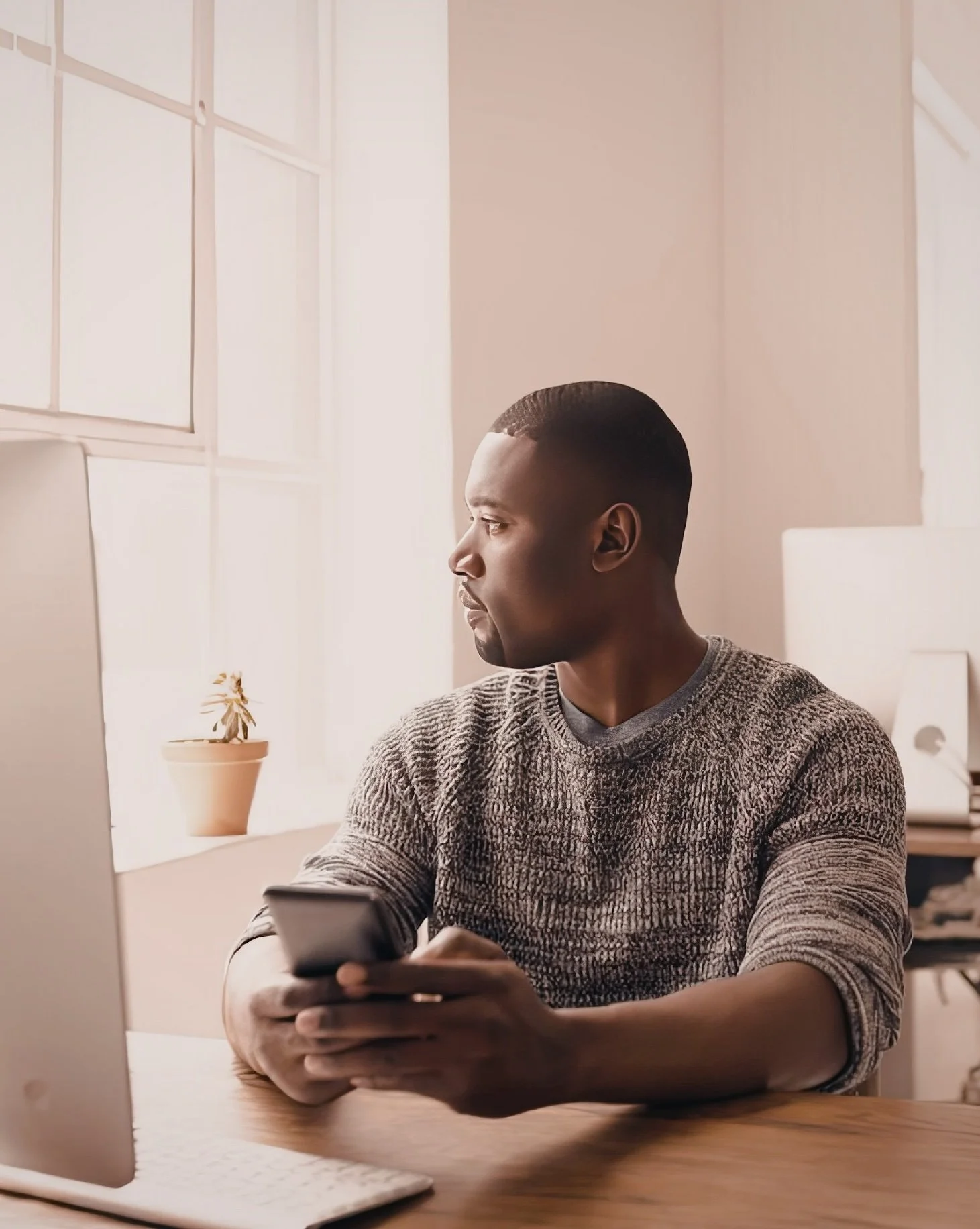 A man sitting at a desk, holding a smartphone, with a computer monitor, keyboard, and a potted plant nearby, in front of a large window.