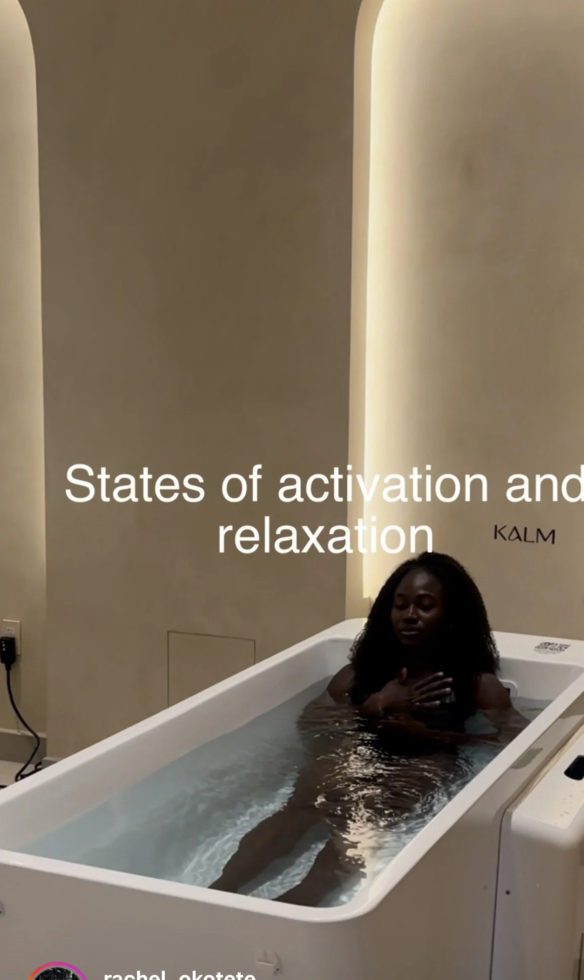 A woman sitting in a bath or hydrotherapy tub with her eyes closed, hands crossed over her chest, calming lighting on the walls, and text overlay that reads 'States of activation and relaxation'.