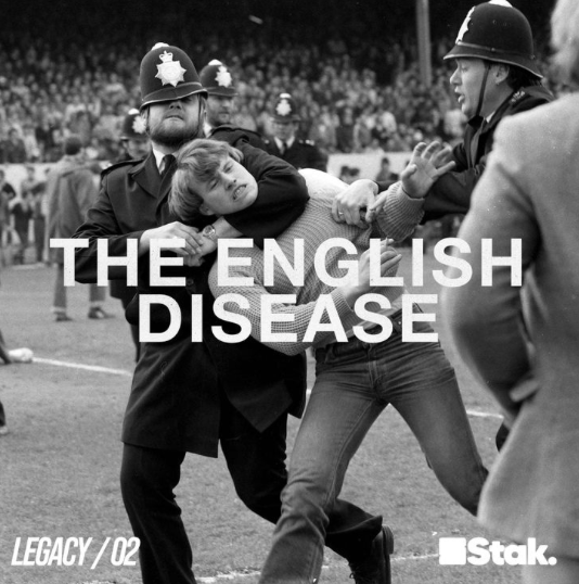 A black and white photo of a woman being restrained by police officers during a protest or rally, with a crowd in the background. Overlaid text reads "The English Disease."