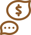 Symbole d'un sac d'argent avec un dollar, et une bulle de dialogue