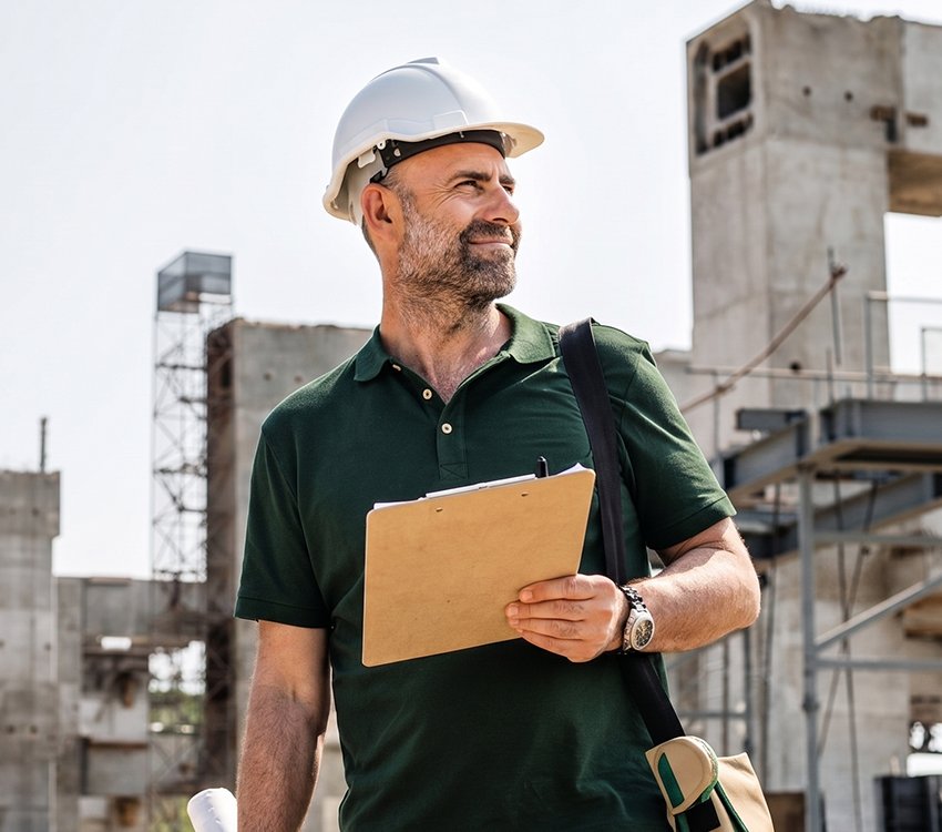 Un homme portant un casque de sécurité, debout devant un chantier de construction, tenant un carnet ou un dossier, portant une montre, une montre-bracelet et un sac à bandoulière.