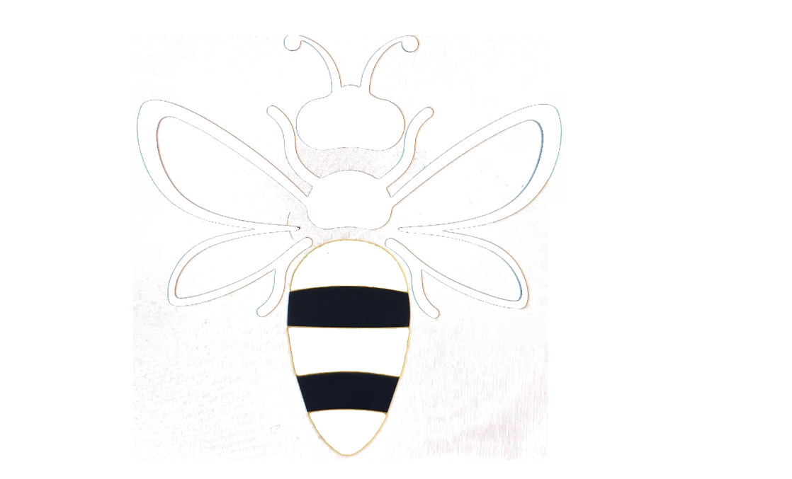 A decorative wall mirror in the shape of a bee with black and white striped body, outlined with white light, set against a textured pink background.