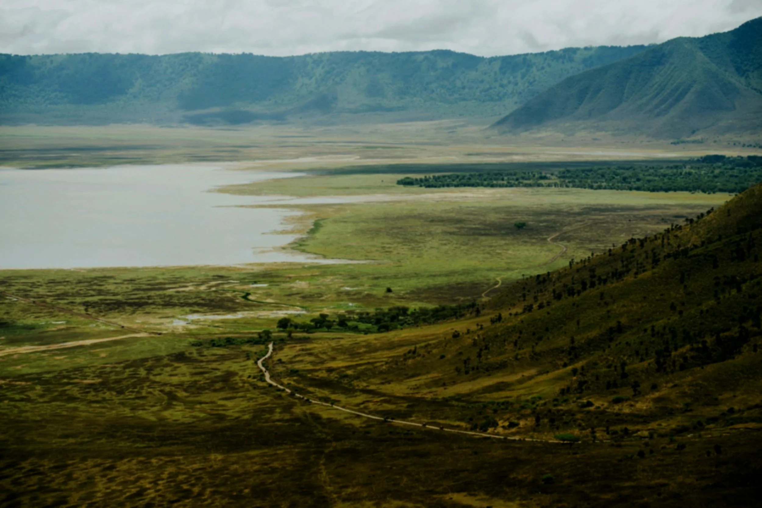 Scenic landscape of a large body of water with green plains and hills, and mountains in the background under a cloudy sky.