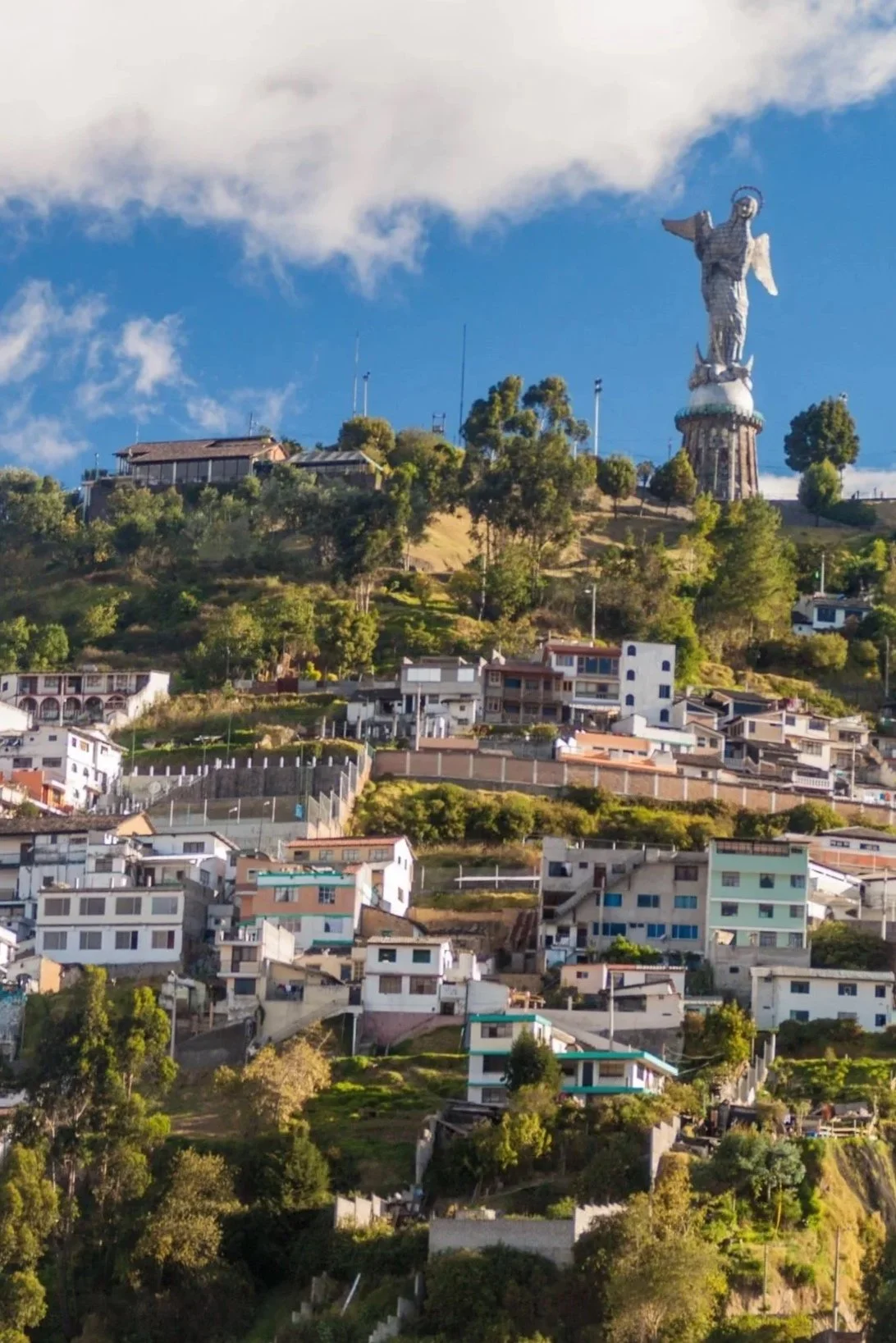 Cityscape of hillside neighborhood with various houses and a large angel statue on the top of the hill under a partly cloudy sky.