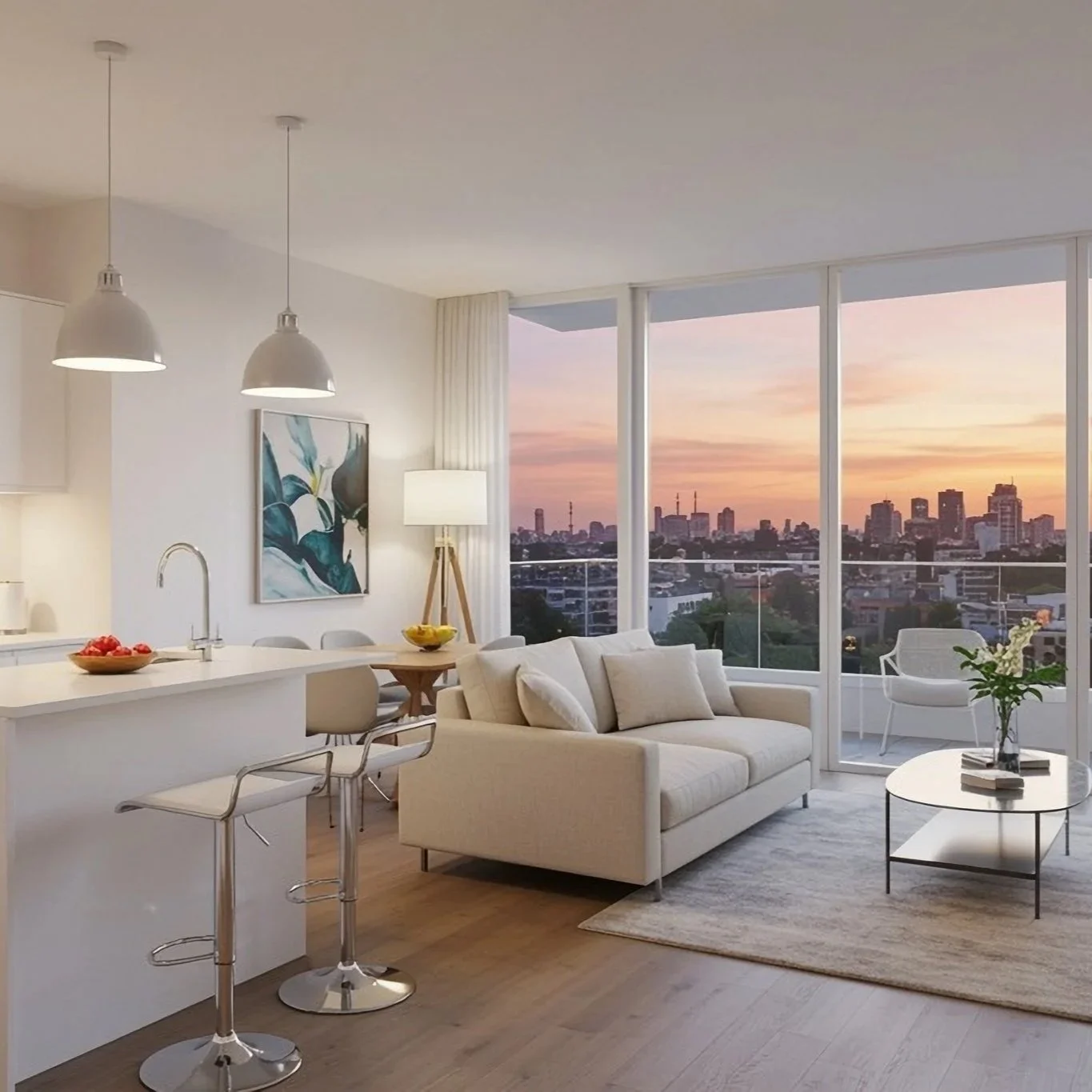 Modern apartment living room with large windows showing city skyline at sunset. Features include a white sofa with pillows, a round coffee table with decorative items, a white kitchen island with barstools, artwork on the wall, a floor lamp, and a balcony with chairs and flowers.