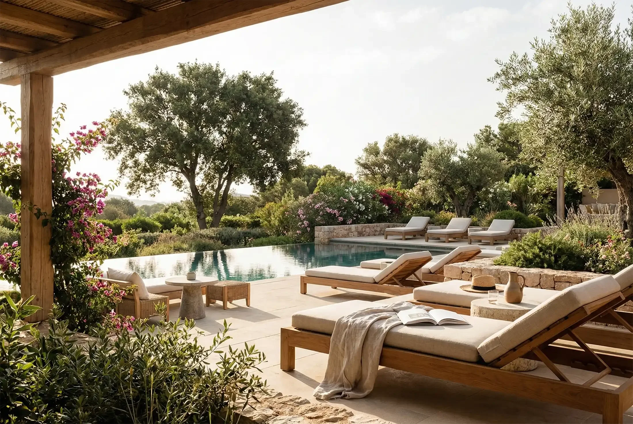 piscina y terraza de hotel de lujo con arboles de fondo