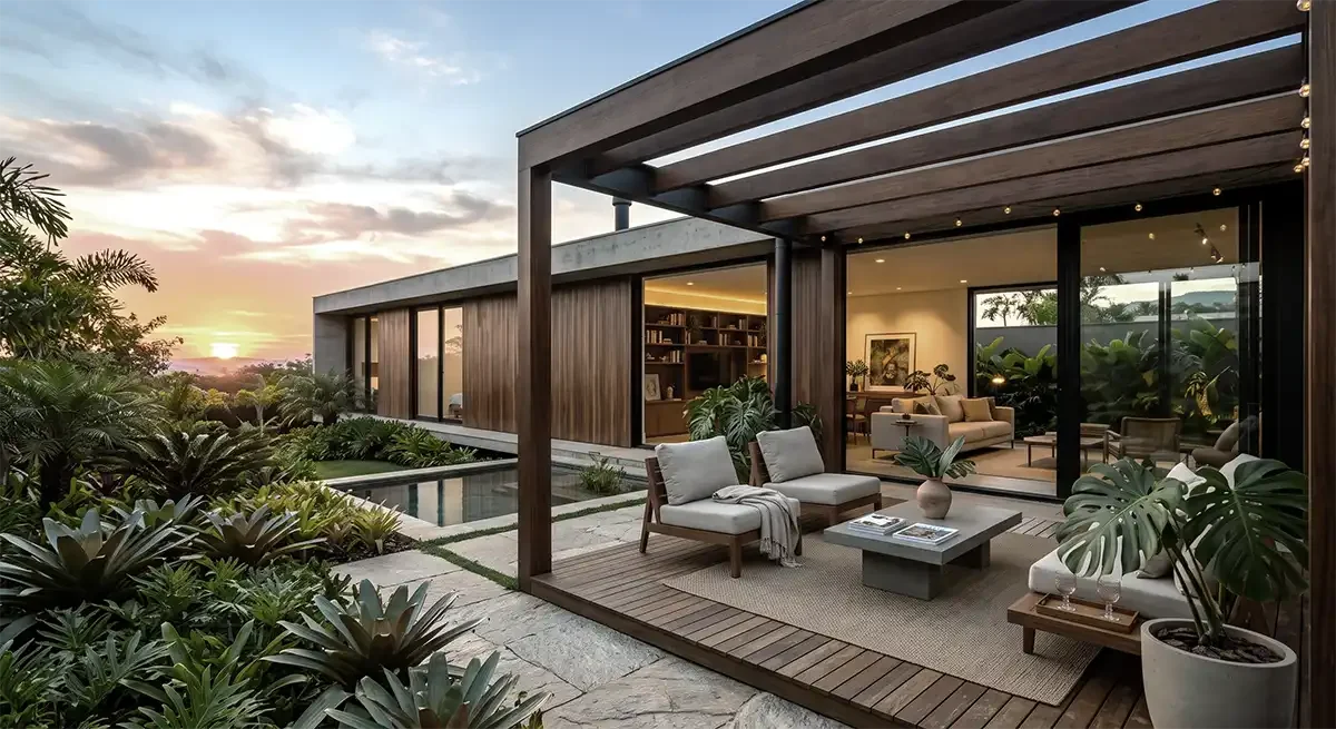 Terraza con pergola de una casa moderna con muebles blancos y plantas verdes, vista hacia un jardín y una piscina al atardecer.