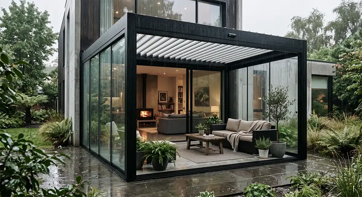 Vista de una casa moderna con una pergola con cerramientos de vidrio, rodeada de vegetación, con un patio exterior protegido de las lluvias, con plantas y muebles de exterior