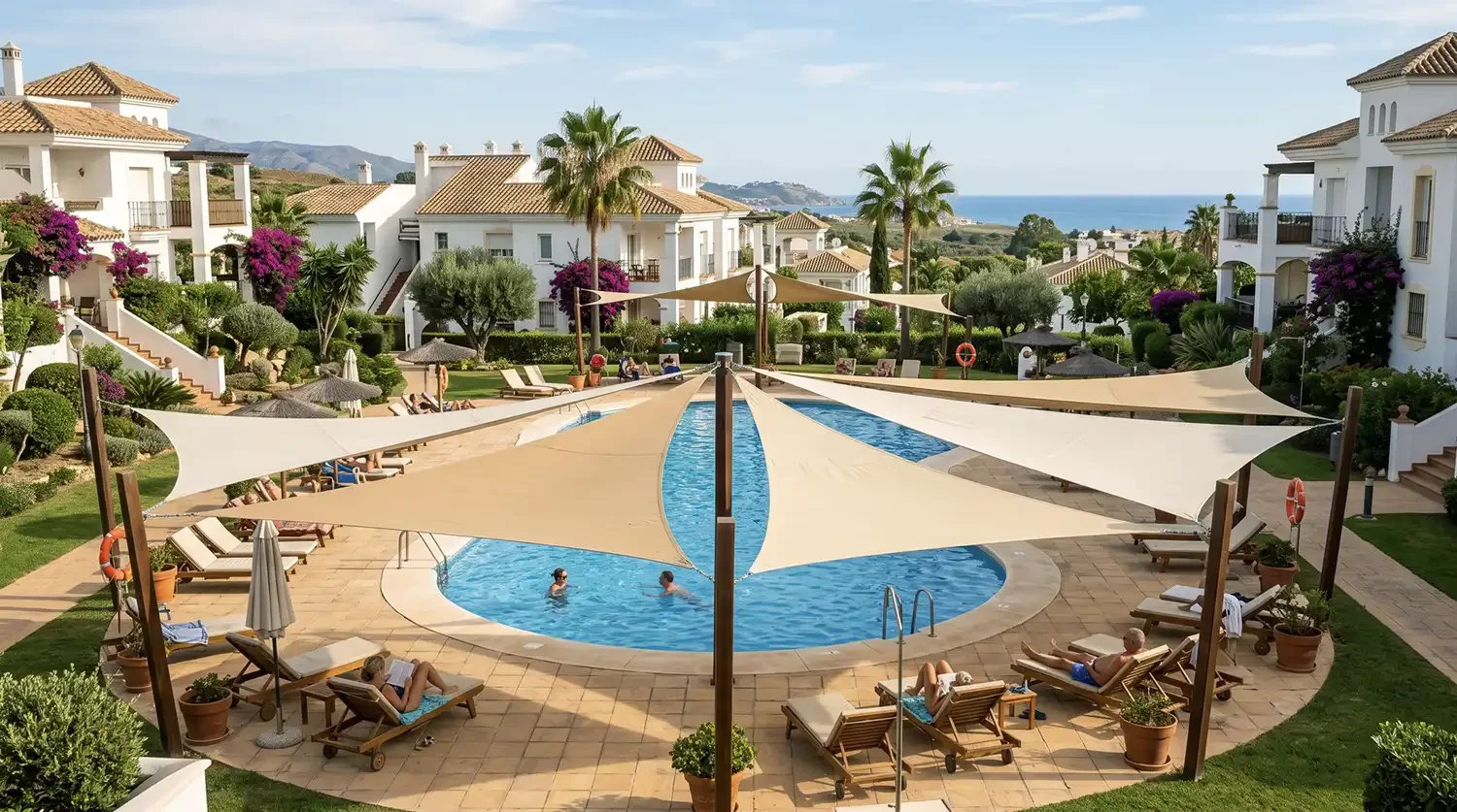 velas de sombra en comunidad con piscina y vista al mar