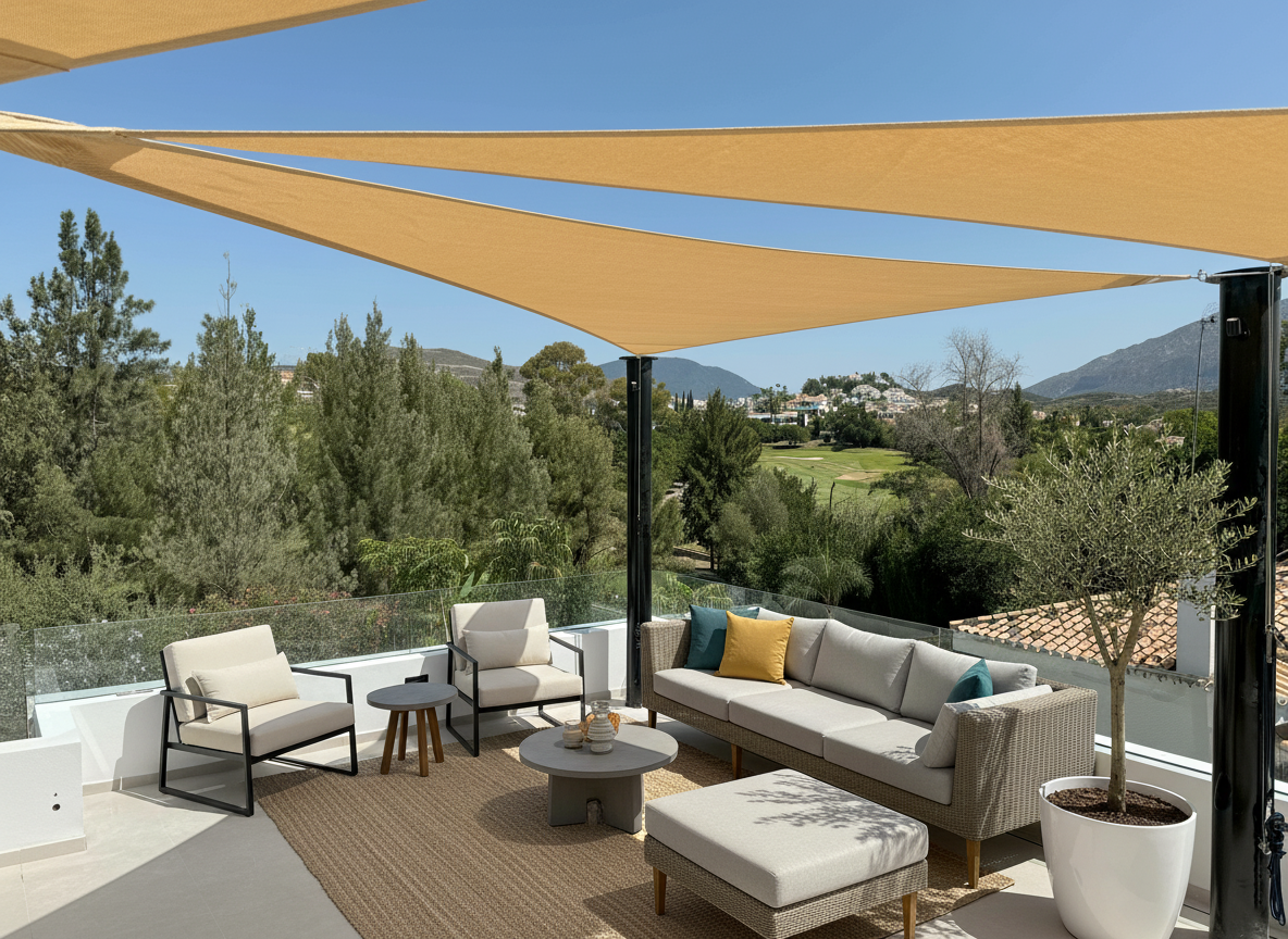 Terraza al aire libre con sombra de lona, sofá de lona y cojines, dos sillas con cojines, mesa de centro y una mesa auxiliar, plantas y vista de montañas y vegetación.