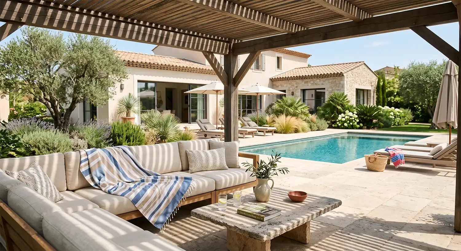 Zona de descanso bajo una pergola de madera junto a una piscina en un patio con muebles de exterior y plantas verdes.