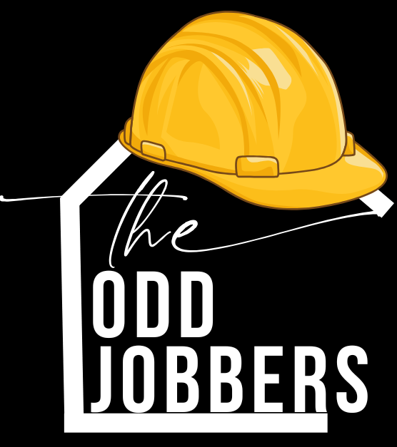 A yellow construction helmet placed above the words "the odd jobbers" in white, stylized text on a black background.