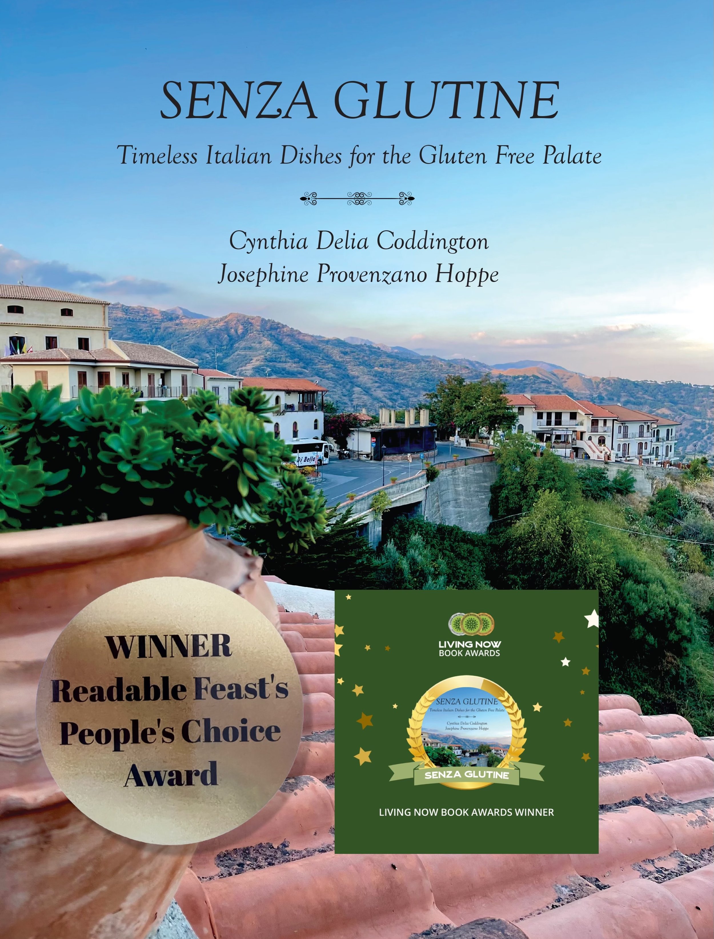 A scenic hillside town with white buildings, red rooftops, and mountains in the background, under a clear blue sky. Superimposed are three awards related to the book 'Senza Gluten' and a green banner at the bottom stating 'Living Now Book Awards Winner.'