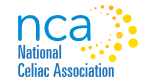 Logo of the National Celiac Association with blue text and yellow dotted circle design.