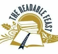 Logo of The Readable Feast with an open book, a stack of books, and decorative elements, featuring the word 'Boston' on a bookmark.