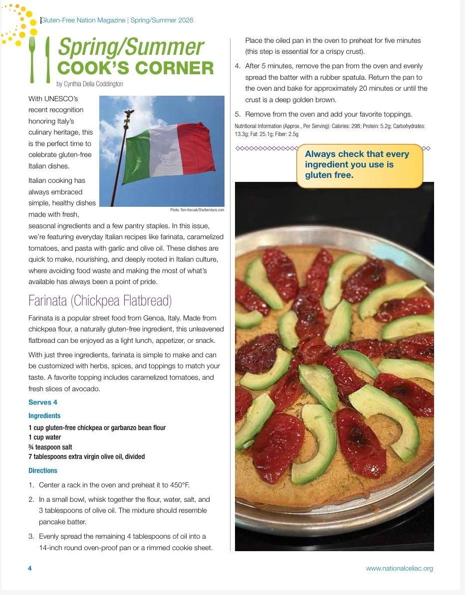 A pizza topped with sliced avocado and sun-dried tomatoes in a glass dish, with a caution note saying 'Always check that every ingredient you use is gluten free.'
